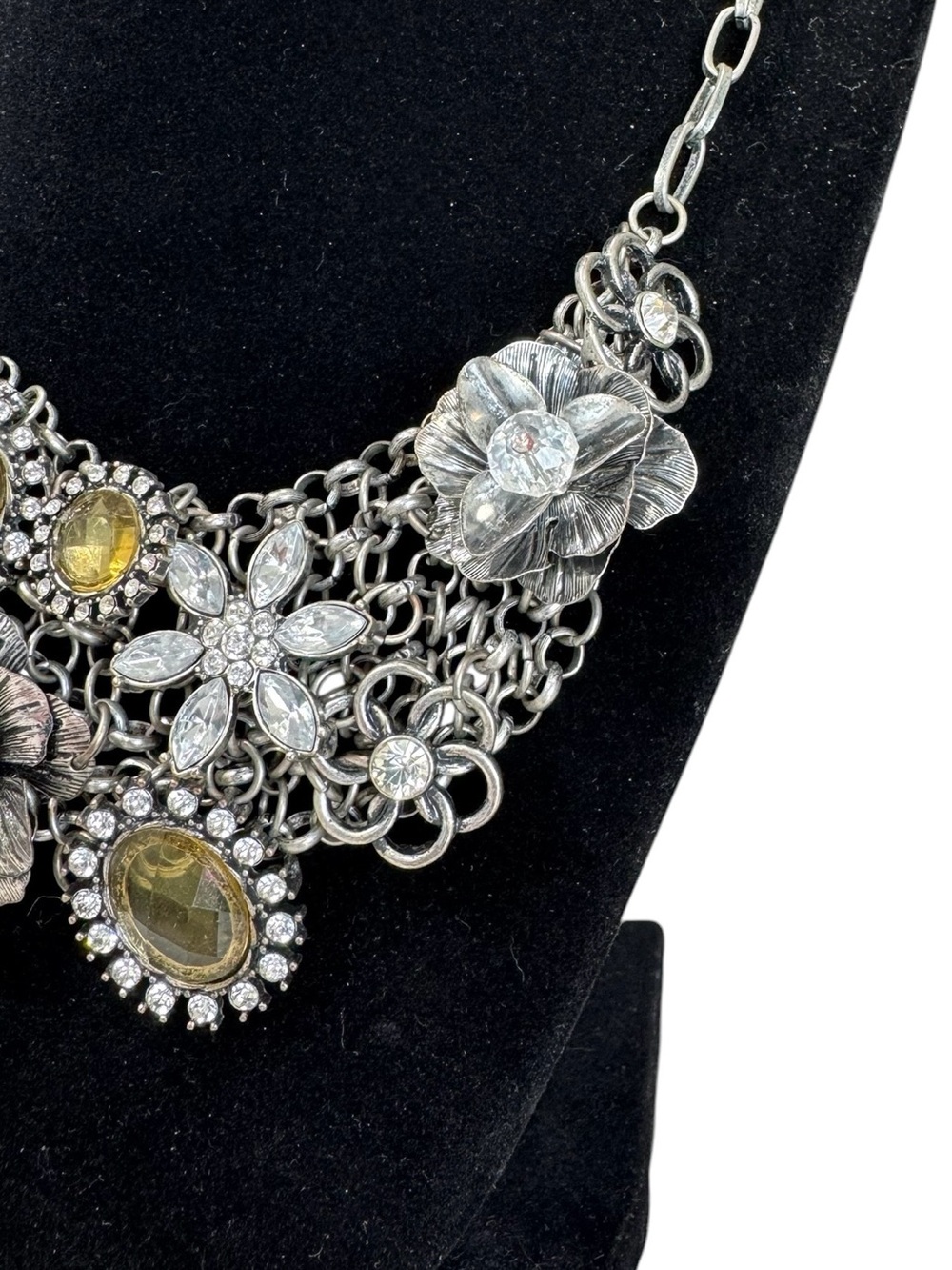 VTG Silver Tone Multi Stone Floral & Amber Gem Accents Statement Necklace - Picture 4 of 7